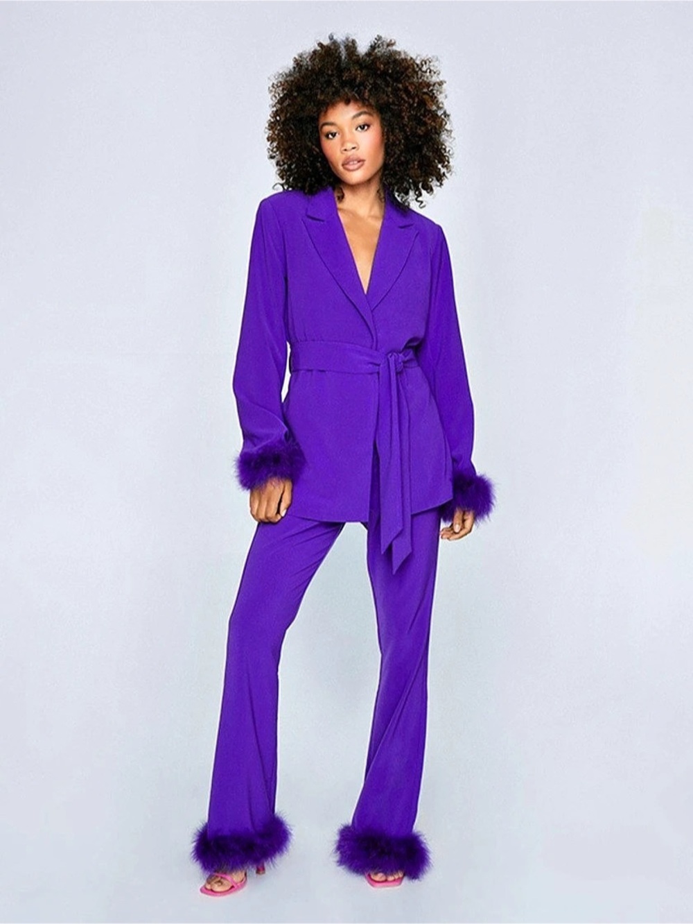 Nasty Gal Purple Feather Trim Belted Blazer
& Flared Pants Suit Set